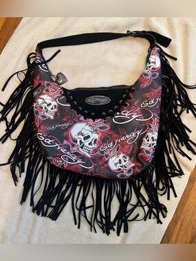Ed Hardy Fringed Hobo Shoulder Bag. Skulls & Roses in Red white and black colors